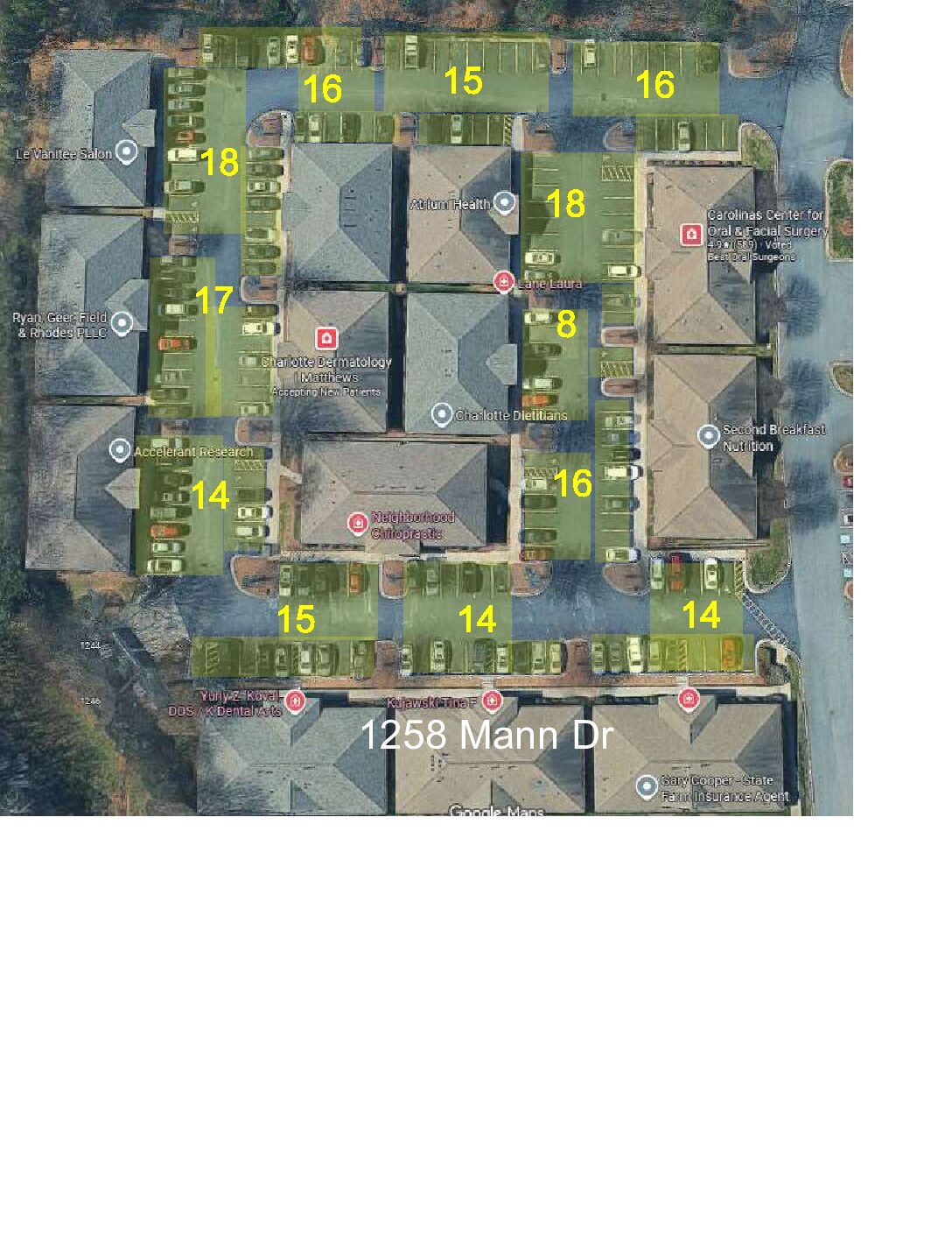 Annotated aerial overview of parking areas at the 1258 Mann Drive office condo complex in Matthews, North Carolina, with estimated space counts