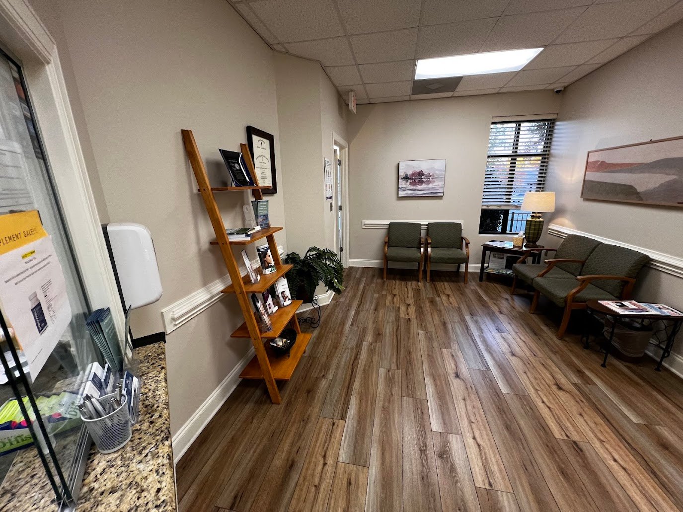 Reception-side view of waiting room at 1258 Mann Drive Unit 100 medical office condo in Matthews, North Carolina