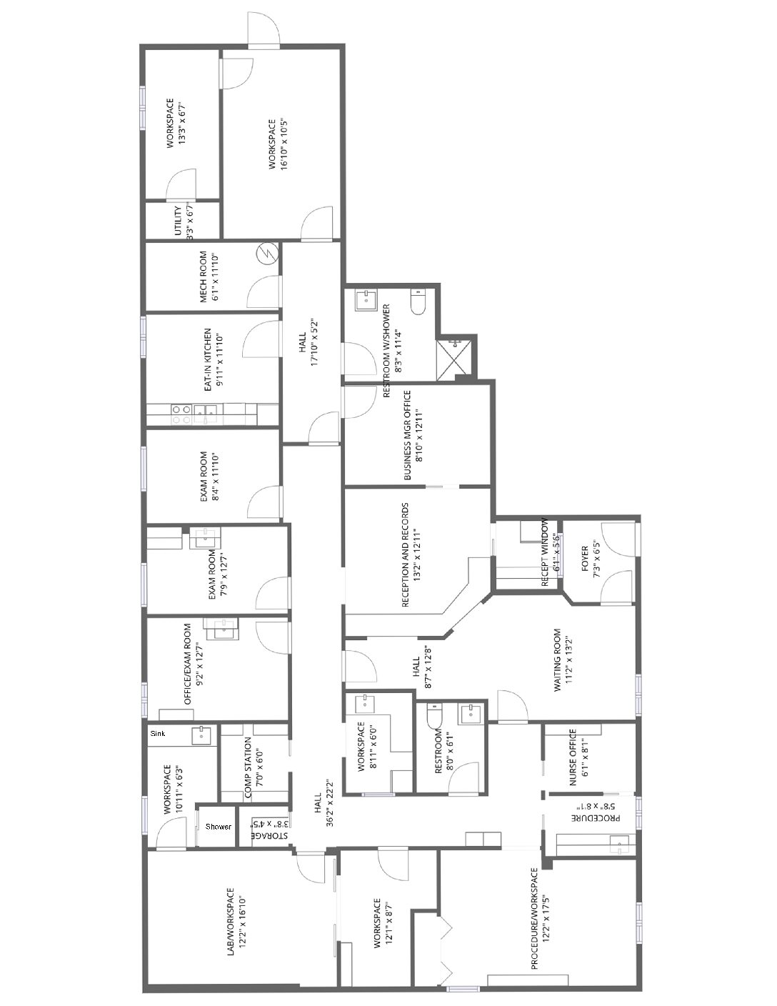 Floor plan for Unit 100 at 1258 Mann Drive in Matthews, North Carolina, showing the reception area, offices, treatment rooms, support spaces and room dimensions